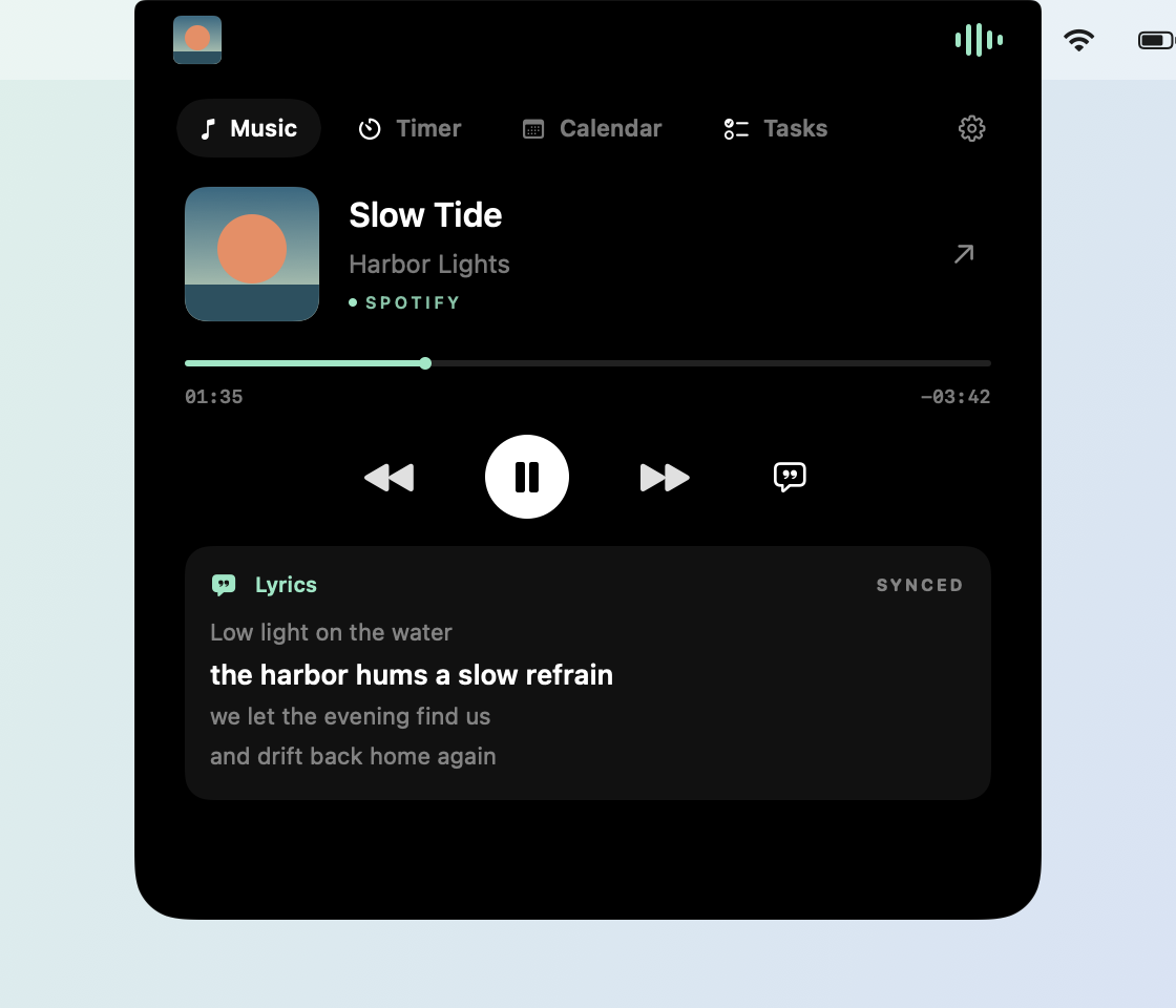 The open Brimlet panel hanging from the notch, on the Music tab: “Slow Tide” by Harbor Lights from Spotify, a seek bar at 01:35, previous, pause and next buttons, and synced lyrics with the current line in bold.