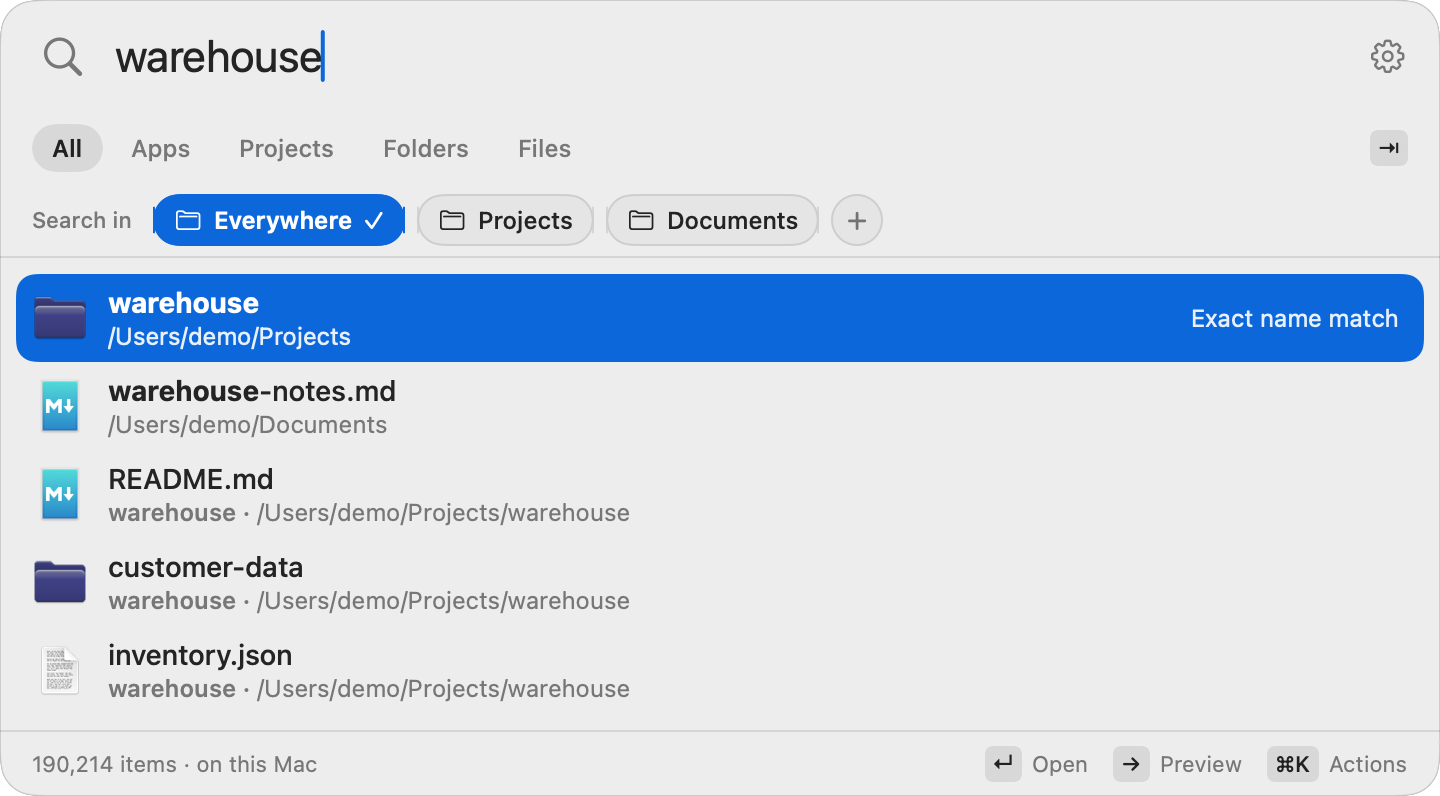 Results for “warehouse”: the warehouse folder first as an exact name match, then warehouse-notes.md, README.md, customer-data and inventory.json from the same project.