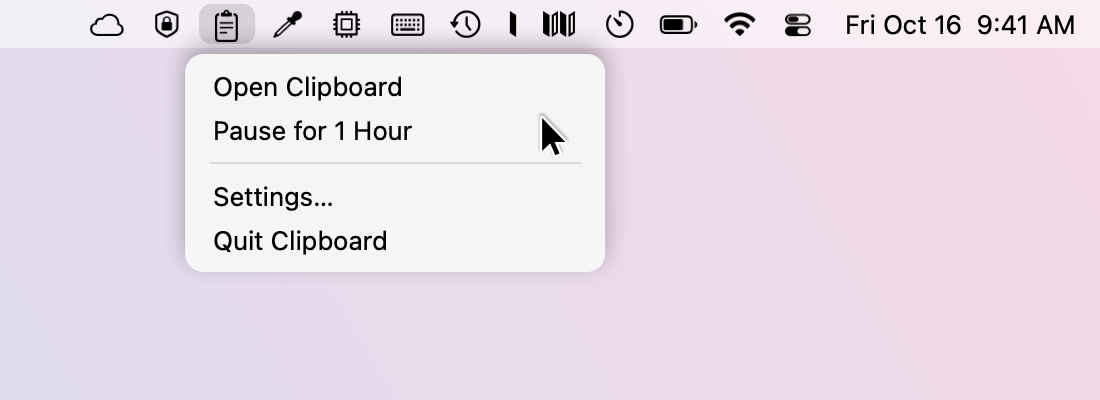 After a click in the panel, the clipboard icon is back in the menu bar with its own menu open: Open Clipboard, Pause for 1 Hour, Settings… and Quit Clipboard.