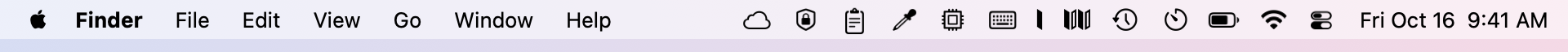 The menu bar before: cloud drive, VPN, clipboard, color picker, system stats, key remapper and backup icons sit between the app menus and the clock.