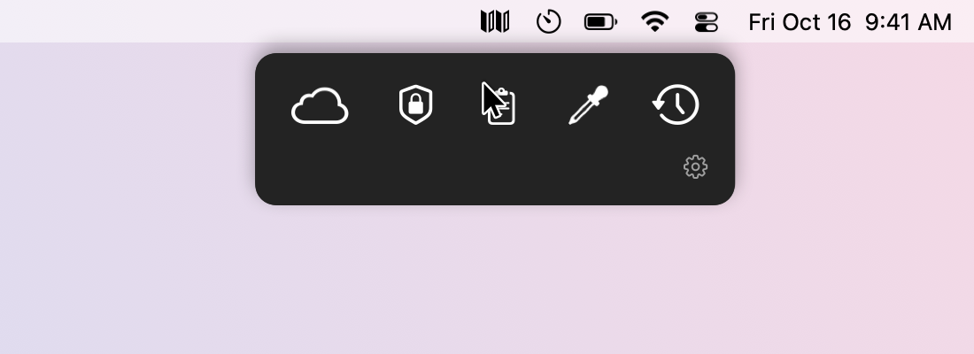 Pointing at Paravent’s icon opens a dark panel under it with the tucked-away icons: cloud drive, VPN, clipboard, color picker and backup.