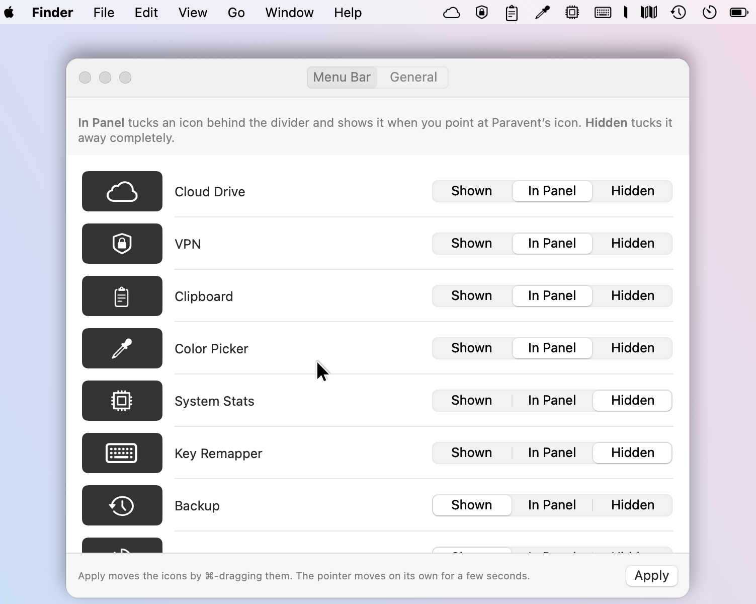 Paravent’s Menu Bar settings: Cloud Drive, VPN, Clipboard and Color Picker are set to In Panel, System Stats and Key Remapper to Hidden, Backup to Shown, with an Apply button at the bottom.