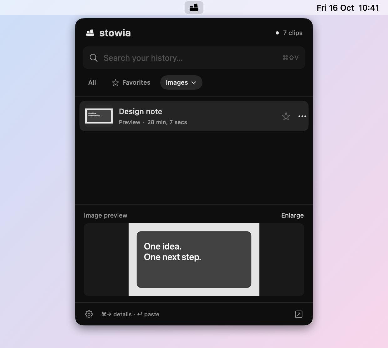The Images filter with one clip, “Design note”, and a preview of the copied image at the bottom of the panel.
