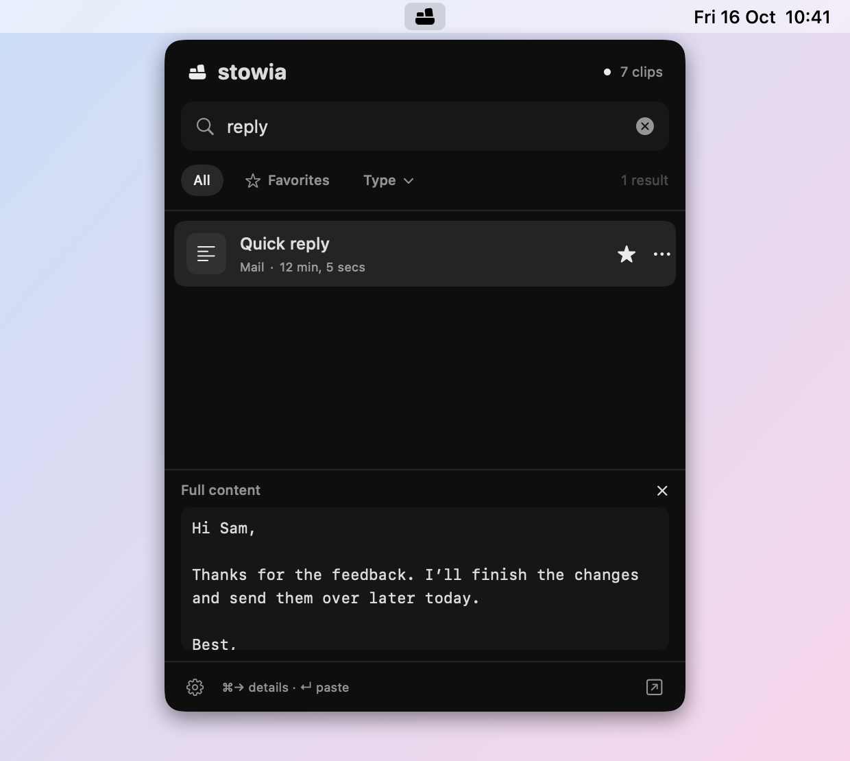 Searching for “reply” finds one clip, “Quick reply” from Mail, and the full content below it shows the email text.