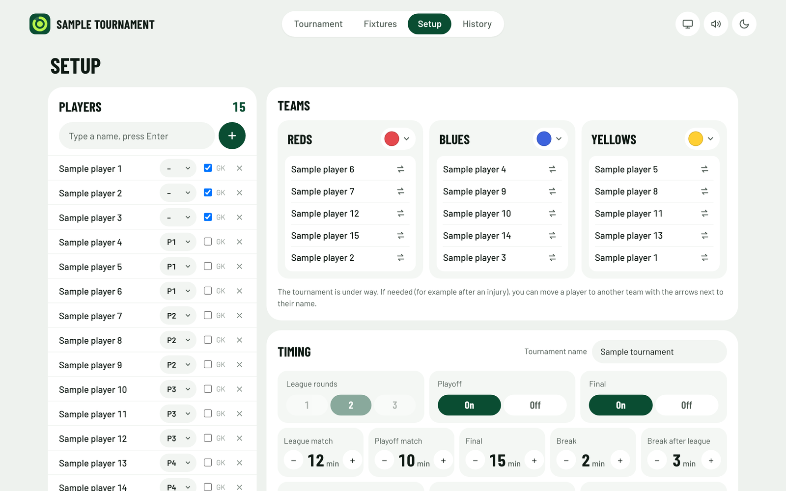 Setup with the 15 sample players, their pots and goalkeeper boxes, the three drawn teams Reds, Blues and Yellows, and the timing for league rounds, playoff and final.