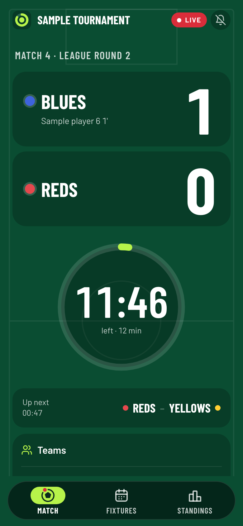 The viewer link on a phone: Blues 1, Reds 0, 11:46 left of 12 minutes, the next match, and tabs for Match, Fixtures and Standings.