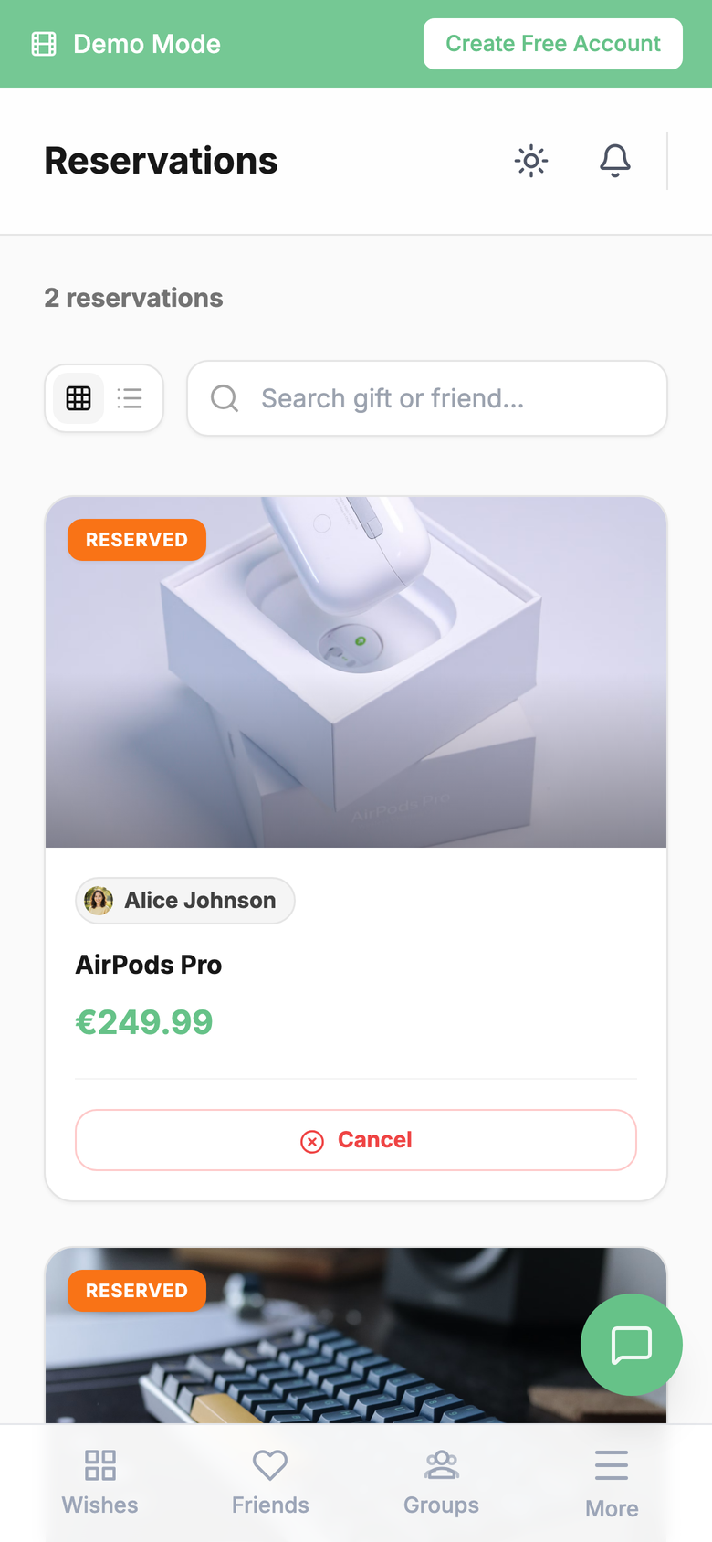 The same reservations on a phone: the reserved headphones with Purchased and Cancel, and the tab bar with Wishes, Friends, Groups and More.