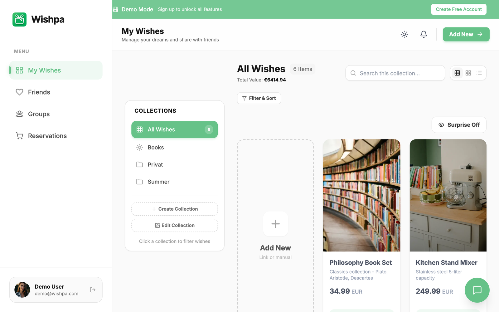 Wishpa’s My Wishes page in the demo account, with the green Demo Mode bar at the top: the collections All Wishes, Books, Privat and Summer, a total value of €6414.94, a Surprise Off toggle, and wish cards such as a philosophy book set and a kitchen stand mixer.